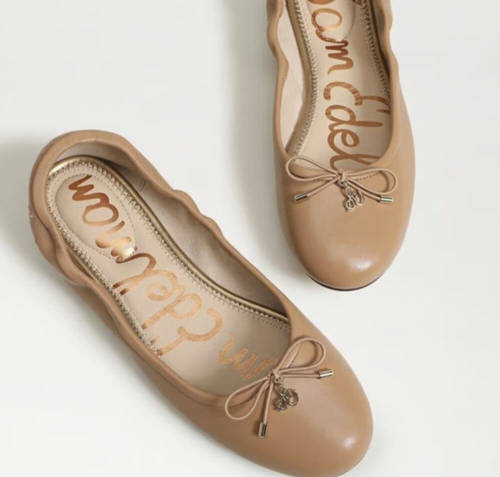 Sam Edelman Felicia Ballet Flat 8W French Sand Leather Bow Designer Neutral Work